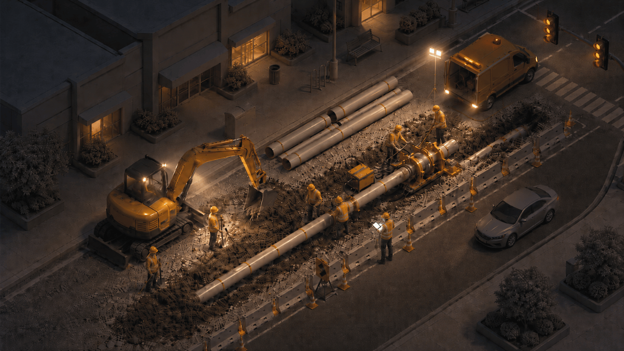 Night view of a suburban utility construction site with excavators and crews installing underground infrastructure