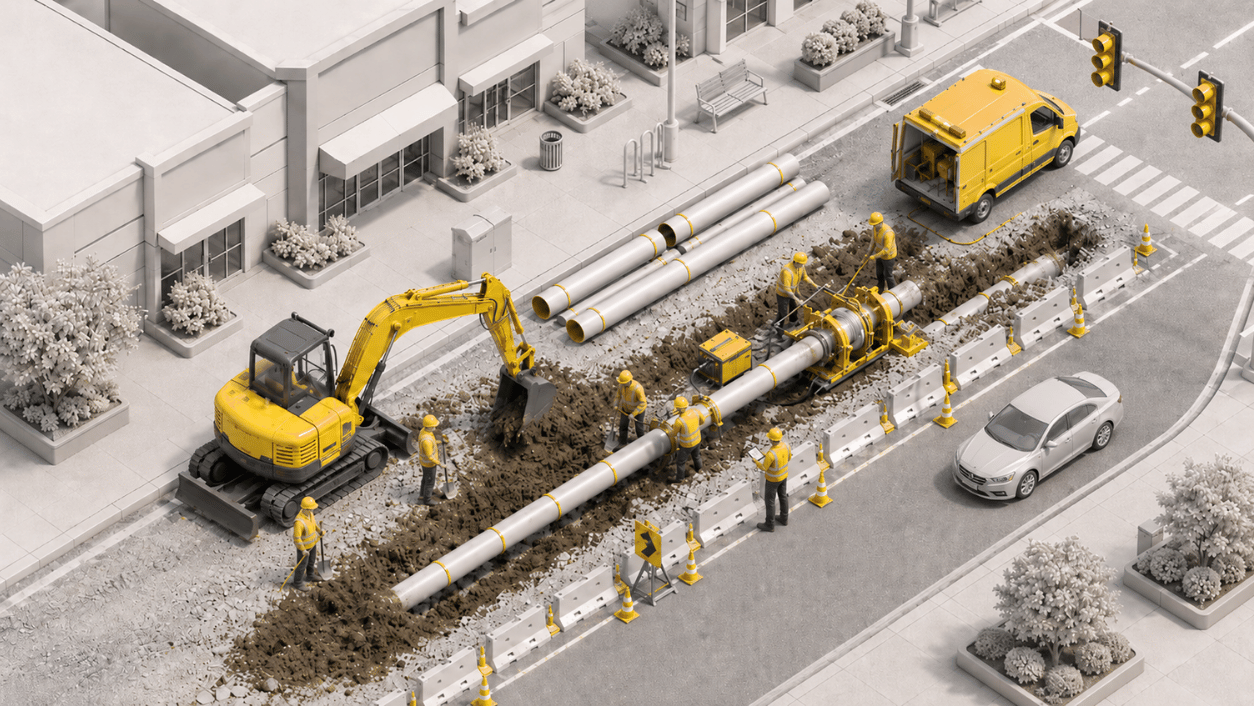 Isometric illustration of a suburban utility construction site with excavators and crews installing underground infrastructure