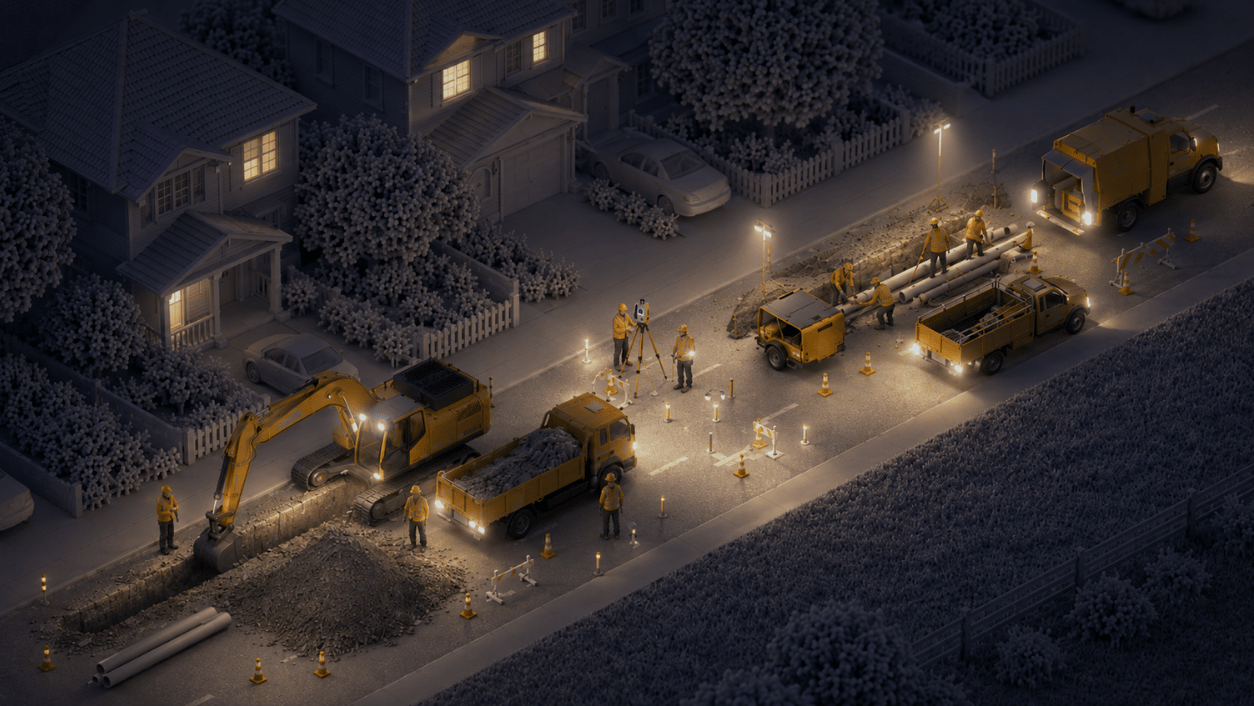 Night view of an urban infrastructure construction site with crews, trucks, and excavation equipment