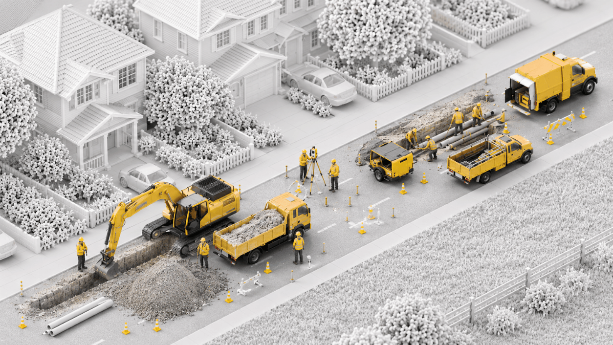 Isometric illustration of an urban infrastructure construction site with crews, trucks, and excavation equipment