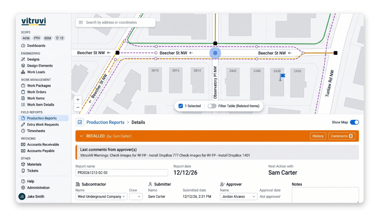 Vitruvi work validation screen with configurable business rules on a map