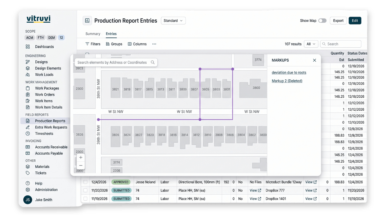Vitruvi as-builts screen used to generate closeout documentation