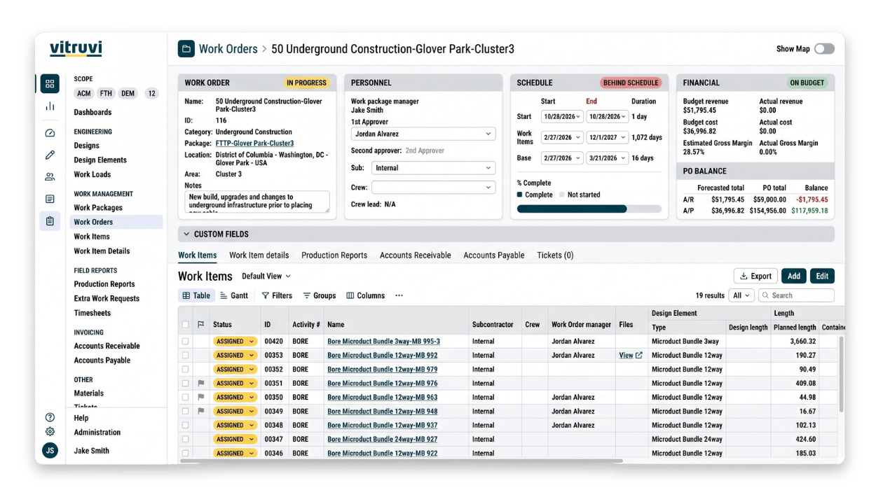 Vitruvi work order with cost and pay item detail