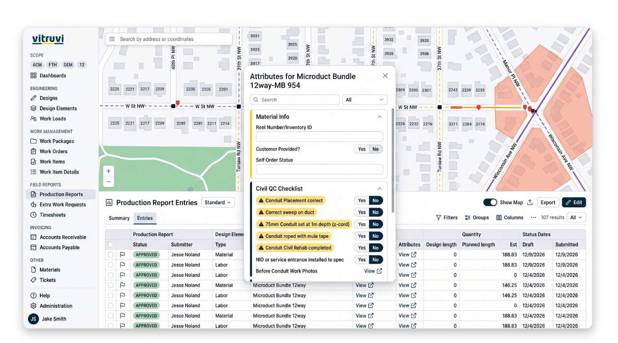 Vitruvi QA checklist with AI inspection results on the map