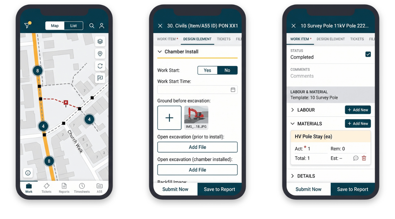 Vitruvi mobile app screens for field production reporting