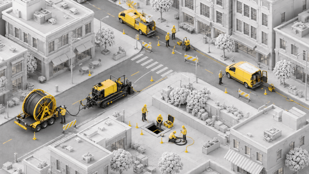 Multiple fiber construction crews working across a city block