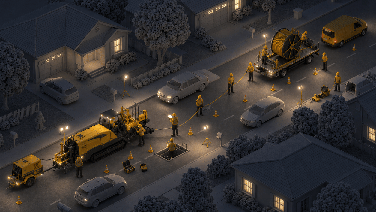 Field crews installing fiber along a suburban street at night
