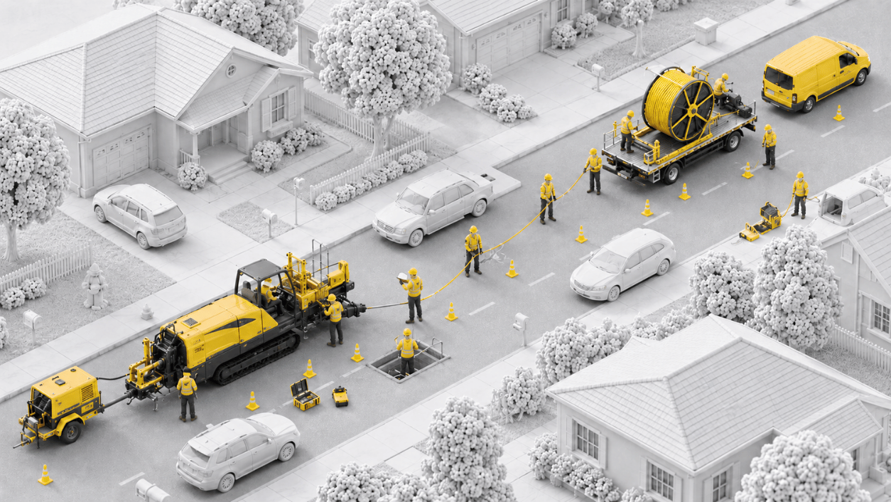 Field crews installing fiber along a suburban street