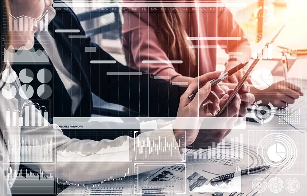 Business professionals using digital devices with overlaid data analytics dashboards, charts, graphs, timelines, and performance metrics.