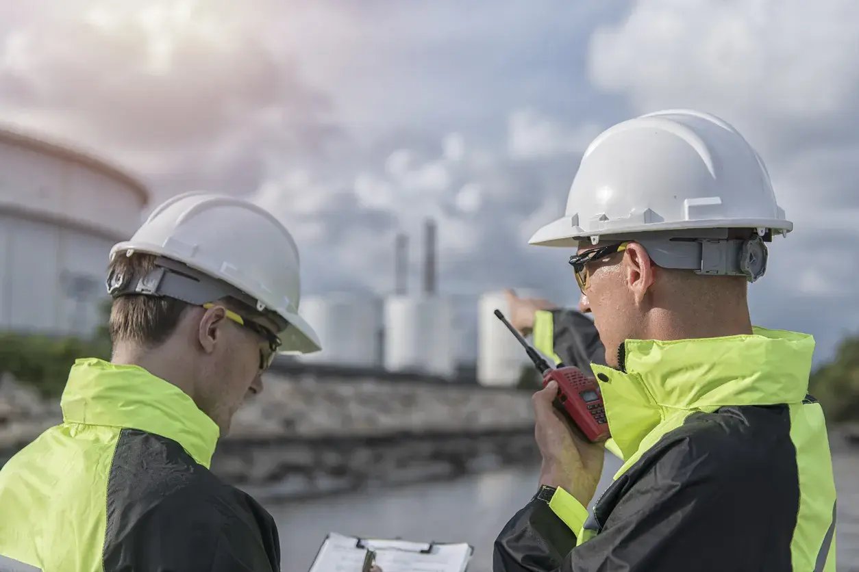 Two construction workers in white hard hats and high-visibility jackets review documents while one speaks into a radio at an industrial site.