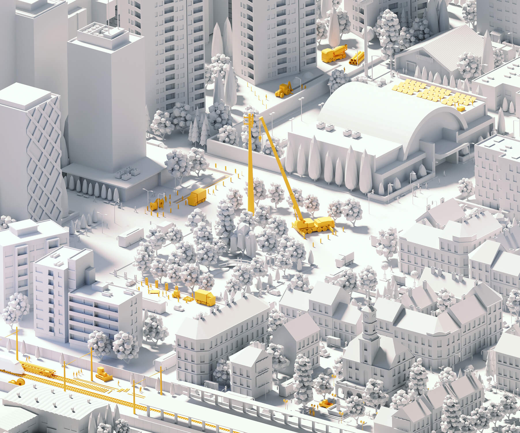 A detailed 3D city model with a prominent crane, illustrating ongoing construction and urban planning in a vibrant environment