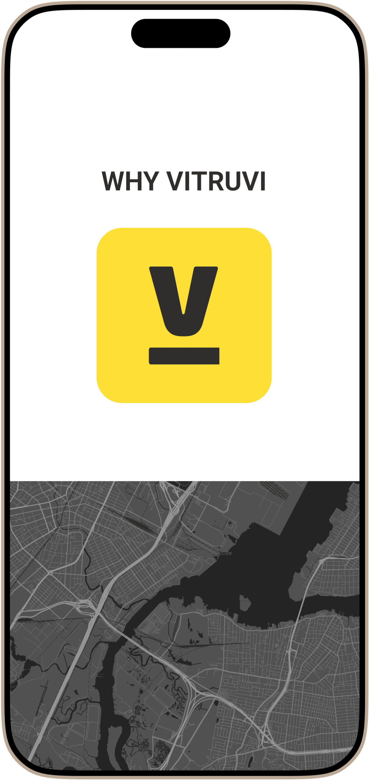 Vitruvi application screen with map and logo