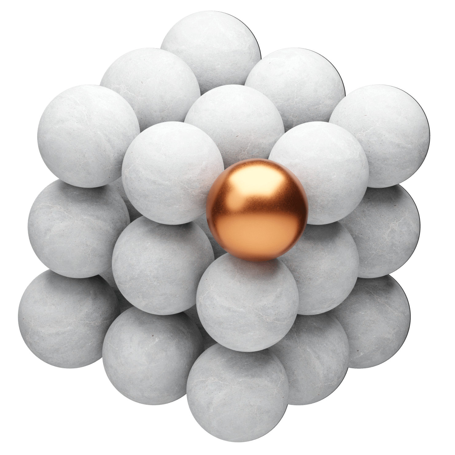 A central gold sphere surrounded by multiple white balls, highlighting the elegance of the arrangement