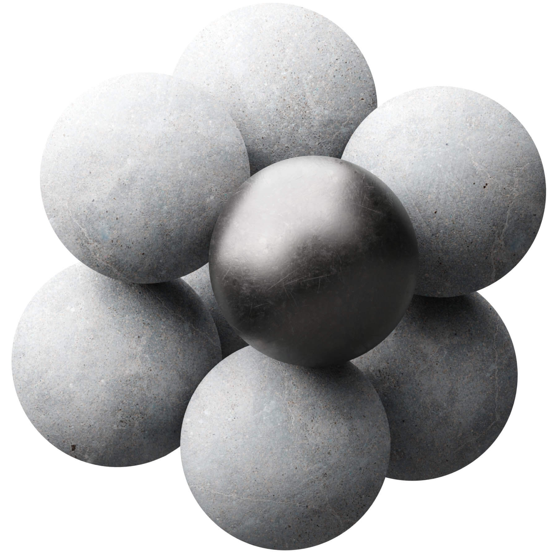 A collection of gray spheres with a prominent black sphere positioned at the center, highlighting the color difference on the white background