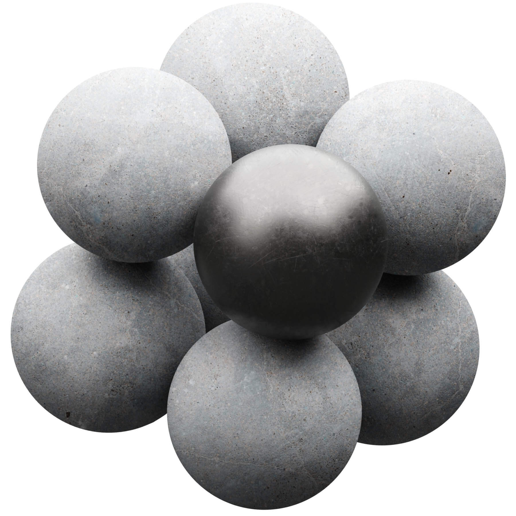 A collection of gray spheres with a prominent black sphere positioned at the center, highlighting the color difference