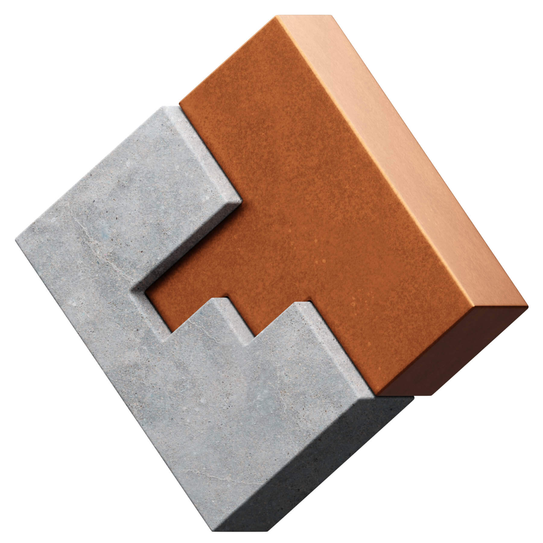 A solid concrete block with a metal component placed above, emphasizing the blend of industrial elements