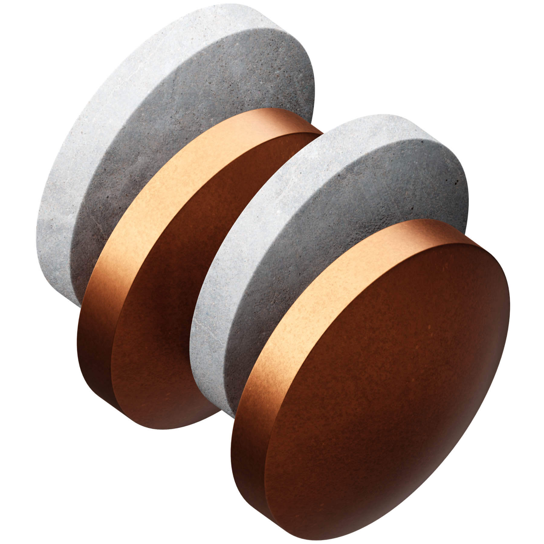 A trio of copper and gray metal discs displayed against a clean white background, highlighting their unique design