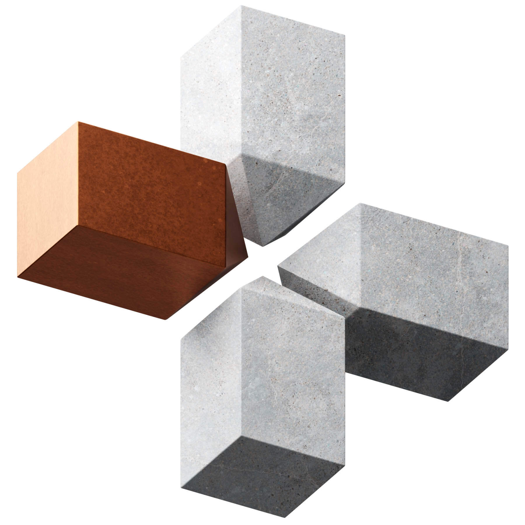 A trio of cubes, two gray and one brown, displayed together, highlighting their distinct colors and forms