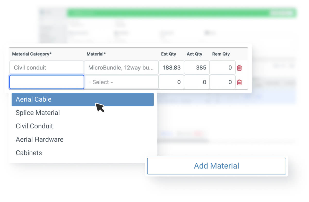 A dashboard with material management and open drop-down list for material categories