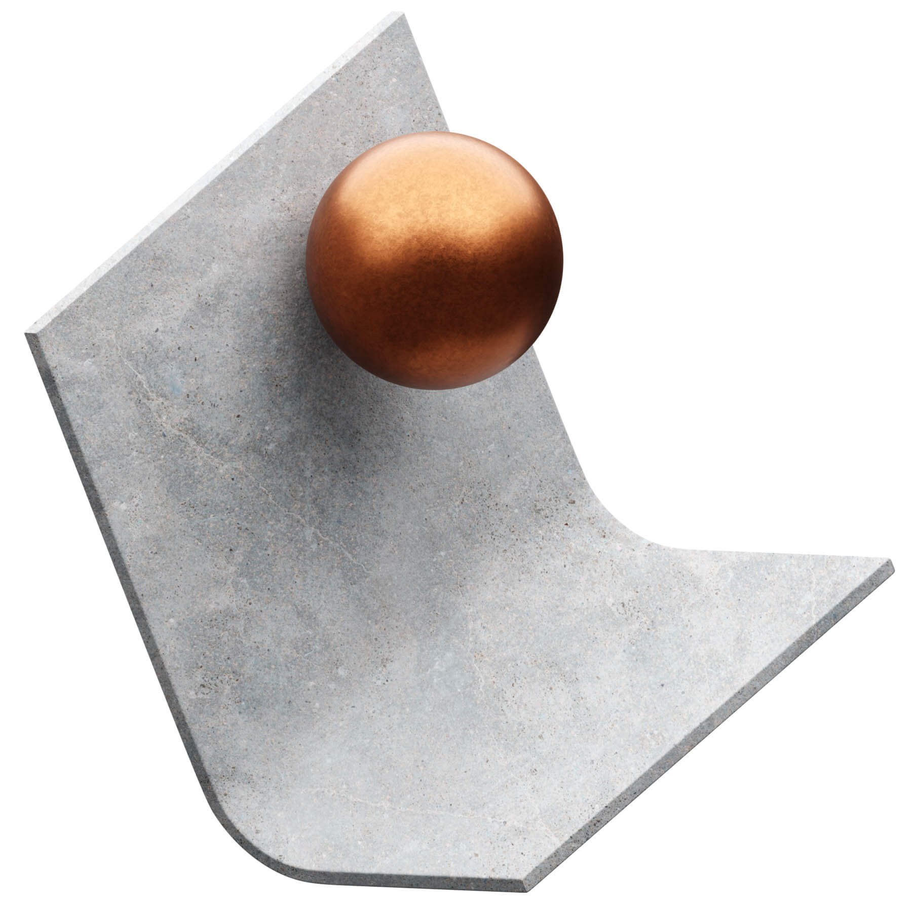 A sleek metal structure topped with a shiny copper ball, highlighting the contrast between the two materials on the white background