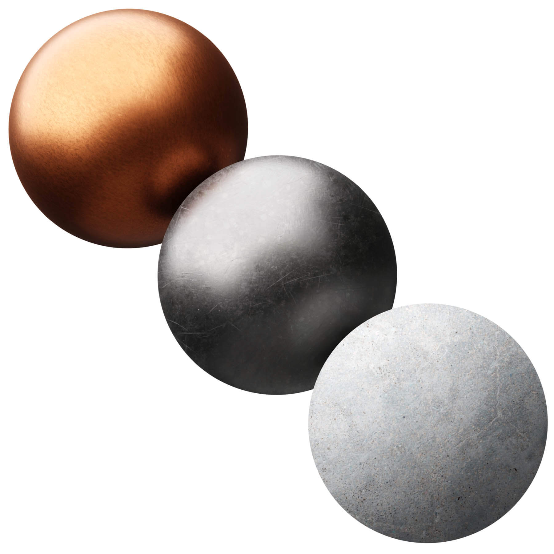 A trio of metallic balls positioned against a stark white background, highlighting their shiny, polished appearance on the white background