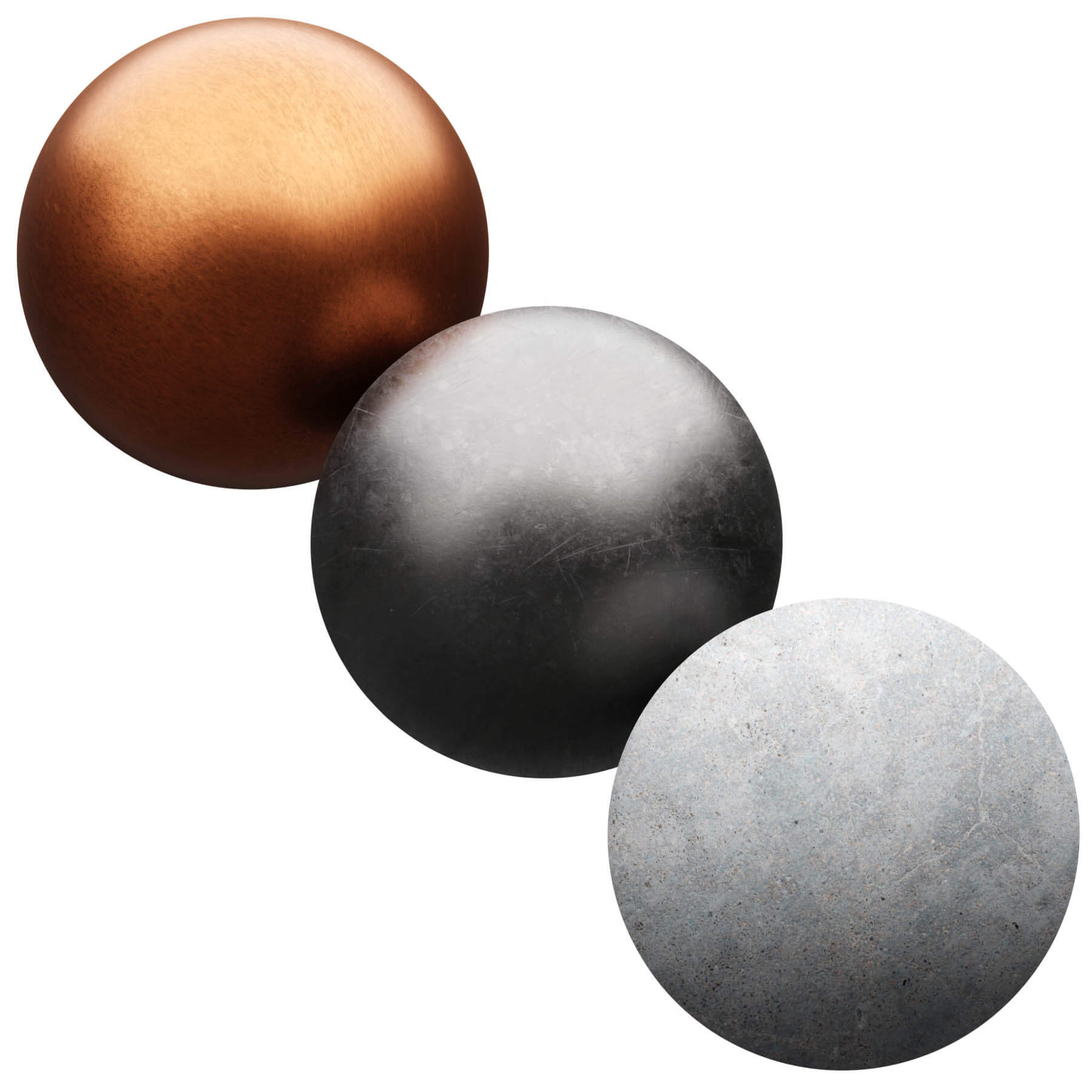 A trio of metallic balls positioned against a stark white background, highlighting their shiny, polished appearance