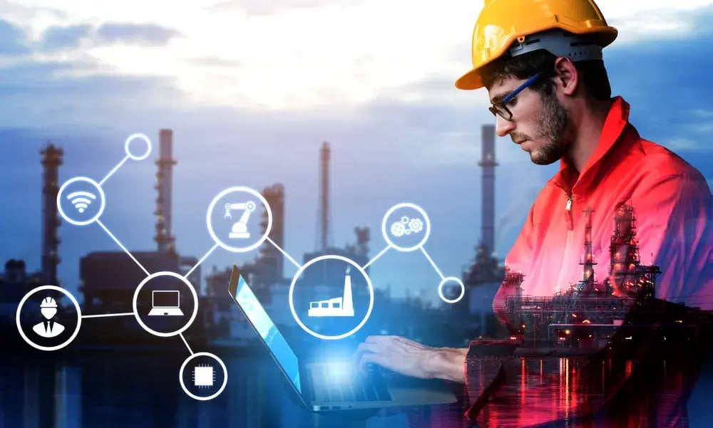 A futuristic factory showcasing advanced robotics and renewable energy sources, symbolizing the evolution of energy and automation.