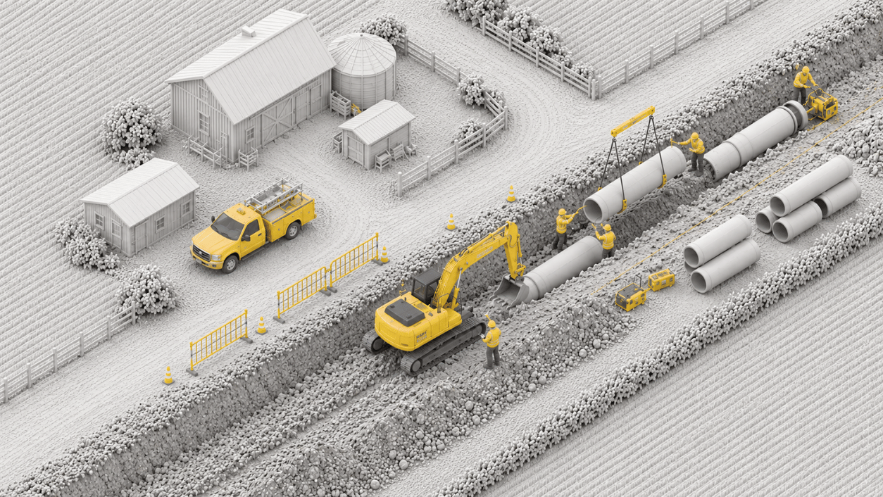 Isometric illustration of a field crew installing utility pipe