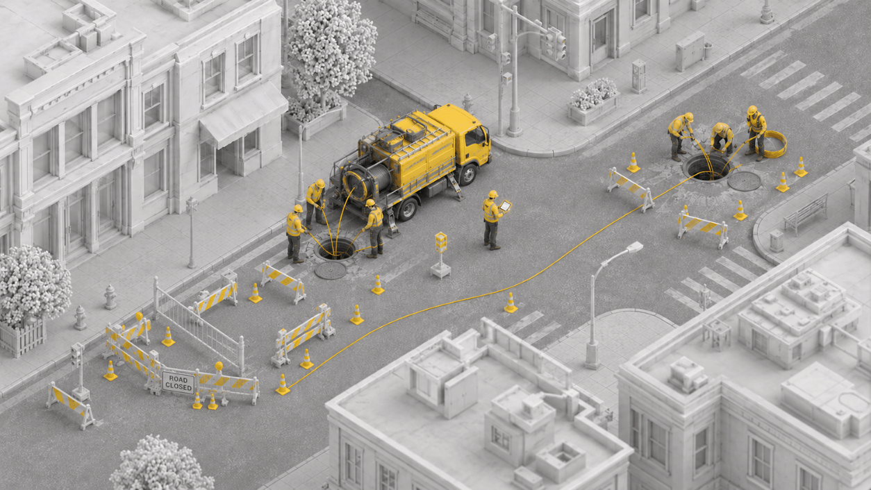 Isometric illustration of an urban fiber construction program