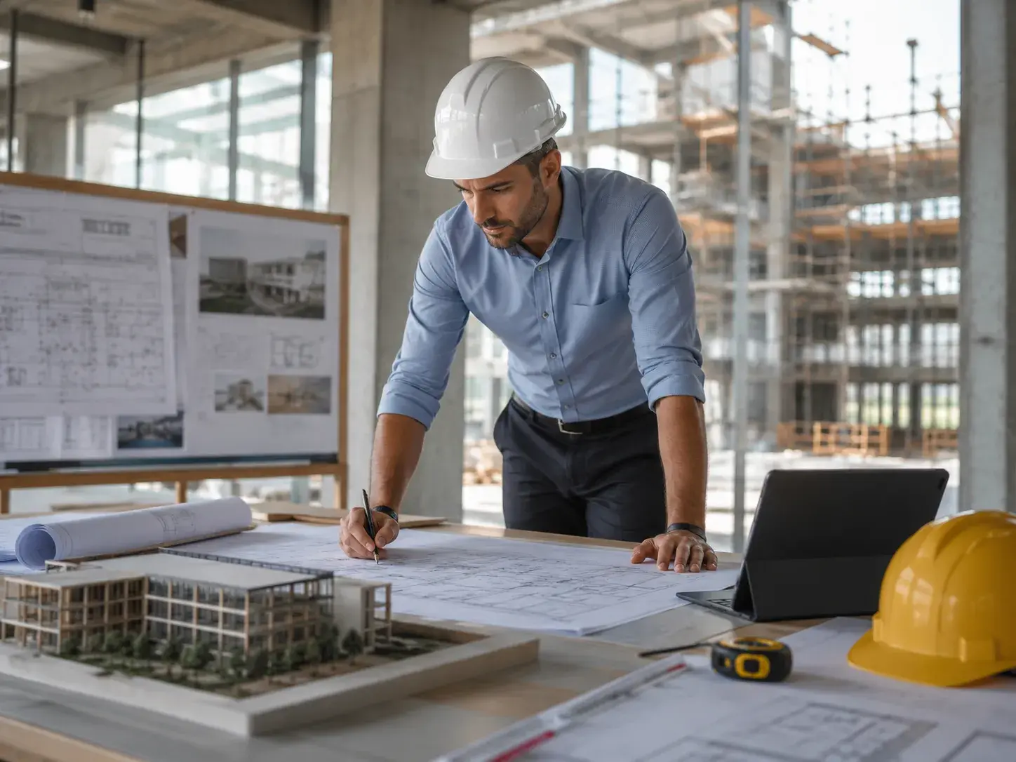 Architect wearing a hard hat reviews construction blueprints at a job site planning table with a building model, tablet, measuring tools, and safety helmet.